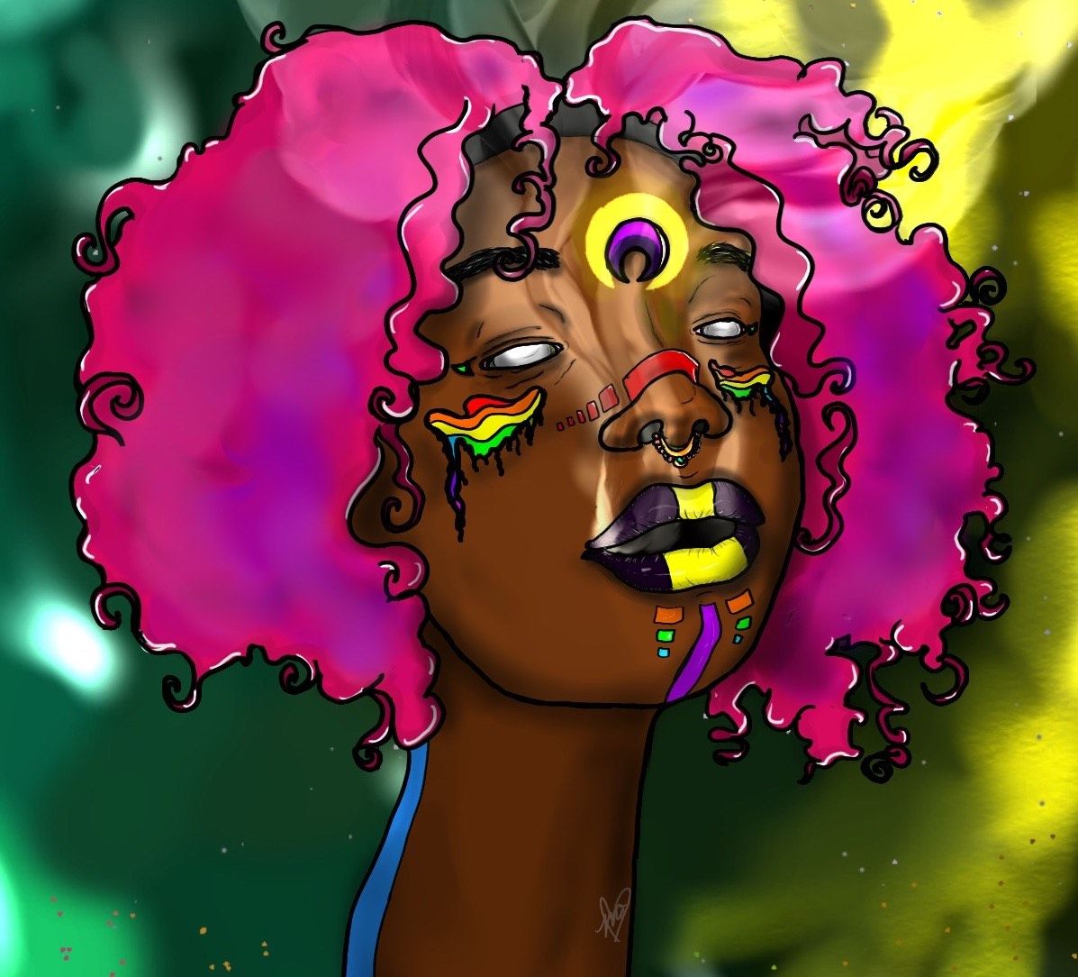 An illustration created by ILLIXIE depicting a black person with bright pink magenta, pink hair, with green, yellow, orange, and red vibrant colors painted on their face. The human in the illustration is in front of an amorphous green, yellow, and sea foam green background