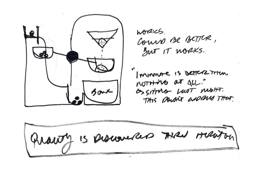 Another sketch of an analog timer concept. Text on the page says "Works. Could be better, but it works. 1 Minute is better than nothing at all. [Though from] sitting last night. This doesn't address that... Quality is discovered thru [sic] iteration"