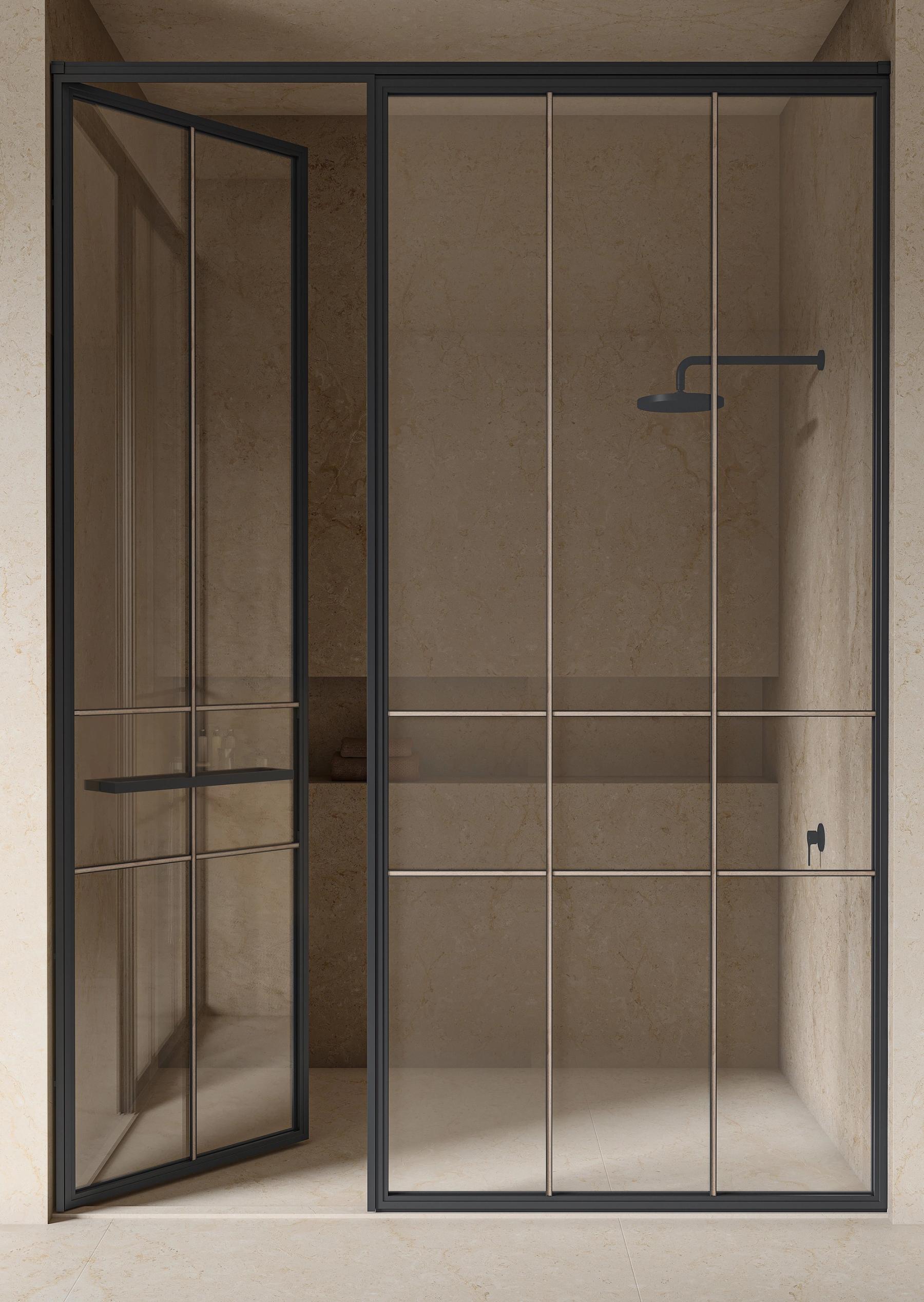 A floor-to-ceiling PALOMA L-Type shower enclosure with slim aluminium profiles in a matt finish, clear toughened glass, and a magnetic-close door — photographed