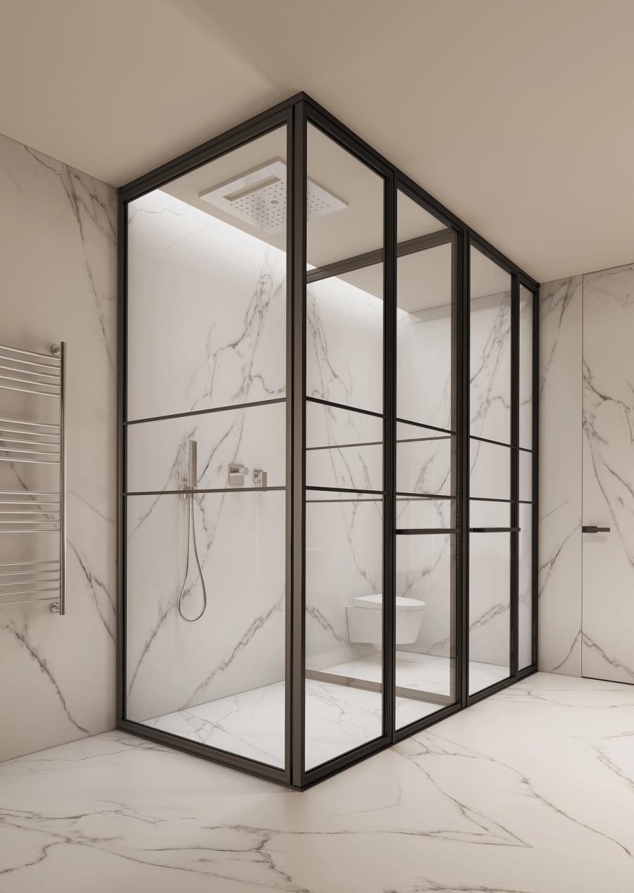PALOMA 180° Inline shower enclosure, full height, clear glass, slim aluminium profiles, photographed from the dry side of the bathroom