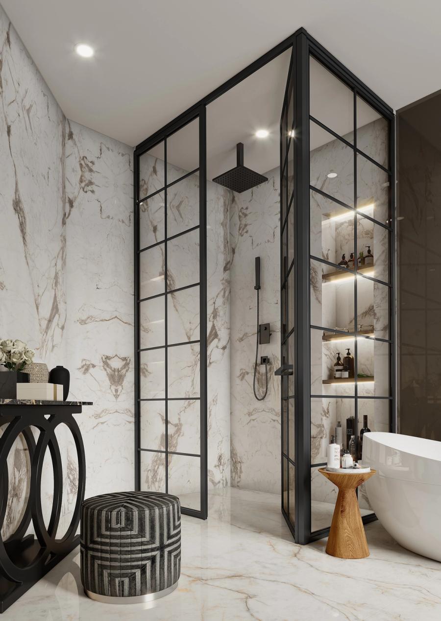 PALOMA L-Type corner enclosure with ceramic grid-pattern glass panels, shot at an angle showing both faces of the corner join