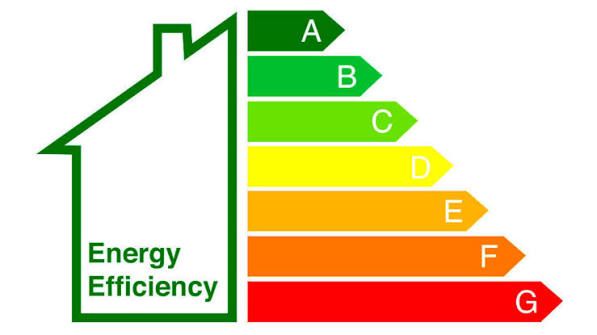 Energy efficiency rating graphic with a house outline and green-to-red A to G scale