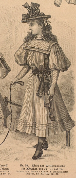 Illustration of a young girl in a long dress with a wide square collar, puffed sleeves and a ribbon belt.