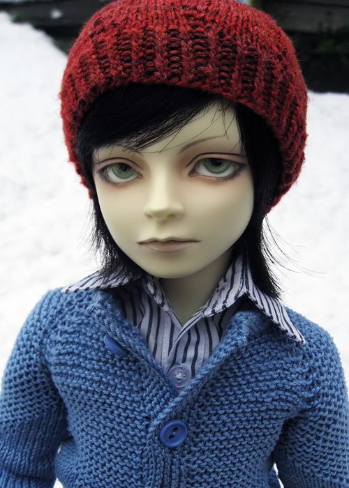 Male resin ball-jointed doll with short black hair and green eyes, wearing a knitted blue cardigan and red beret.