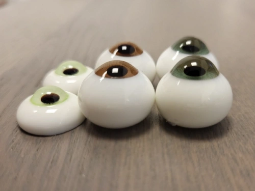 Three sets of glass eyes. The left pair are shallow with deep domes, the middle pair deep but with shallow domes, and the right pair deep with high domes