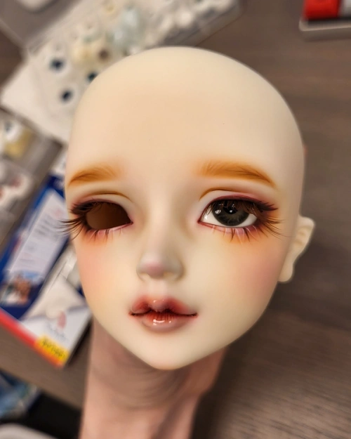Female ball-jointed doll head with one dark grey glass eye inserted.