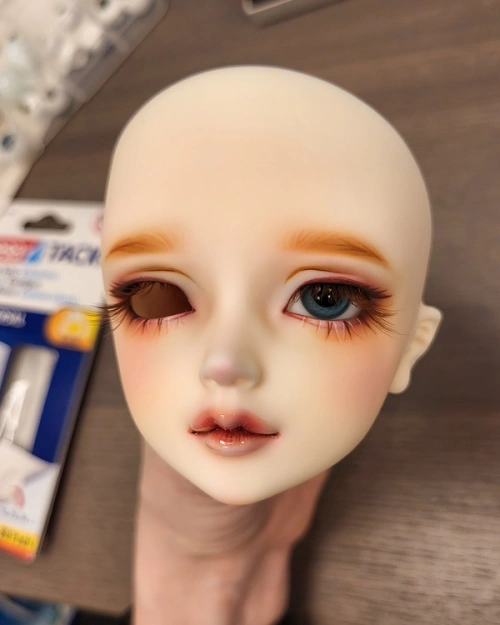 Female ball-jointed doll head with one blue glass eye inserted.