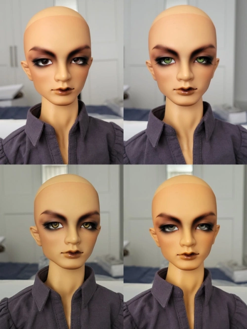 Four images of the same doll (male, tan skin, strong eyebrows) wearing different eyes: dark brown, grass green, gold with a dark rim, and grey.