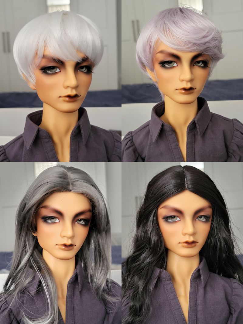 Four images of the same doll (male, tan skin, strong eyebrows) wearing different wigs: short white, short light purple/grey, long centre part grey, long wavy centre part black.