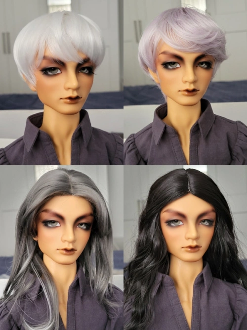 Four images of the same doll (male, tan skin, strong eyebrows) wearing different wigs: short white, short light purple/grey, long centre part grey, long wavy centre part black.
