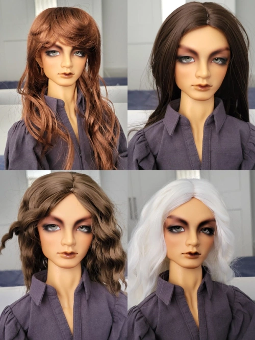 Four images of the same doll (male, tan skin, strong eyebrows) wearing different wigs: long chestnut red, long centre part brown, long curly centre part mid brown, long centre part white.