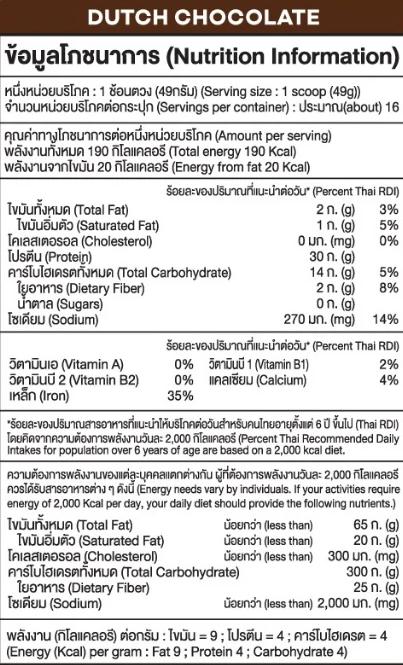 ข้อมูลโภชนาการ Plantae Complete Plant Protein รส Dutch Chocolate