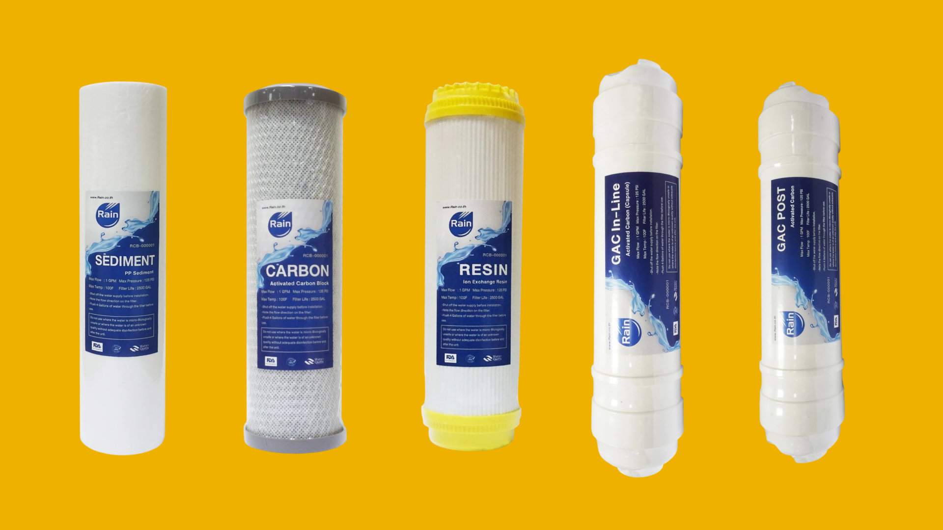 Rain ไส้กรองน้ำ 5 ขั้นตอน PP , Carbon , Resin , Gac In-line , Gac Post ใช้ได้กับเครื่องกรองน้ำรุ่น MX-05