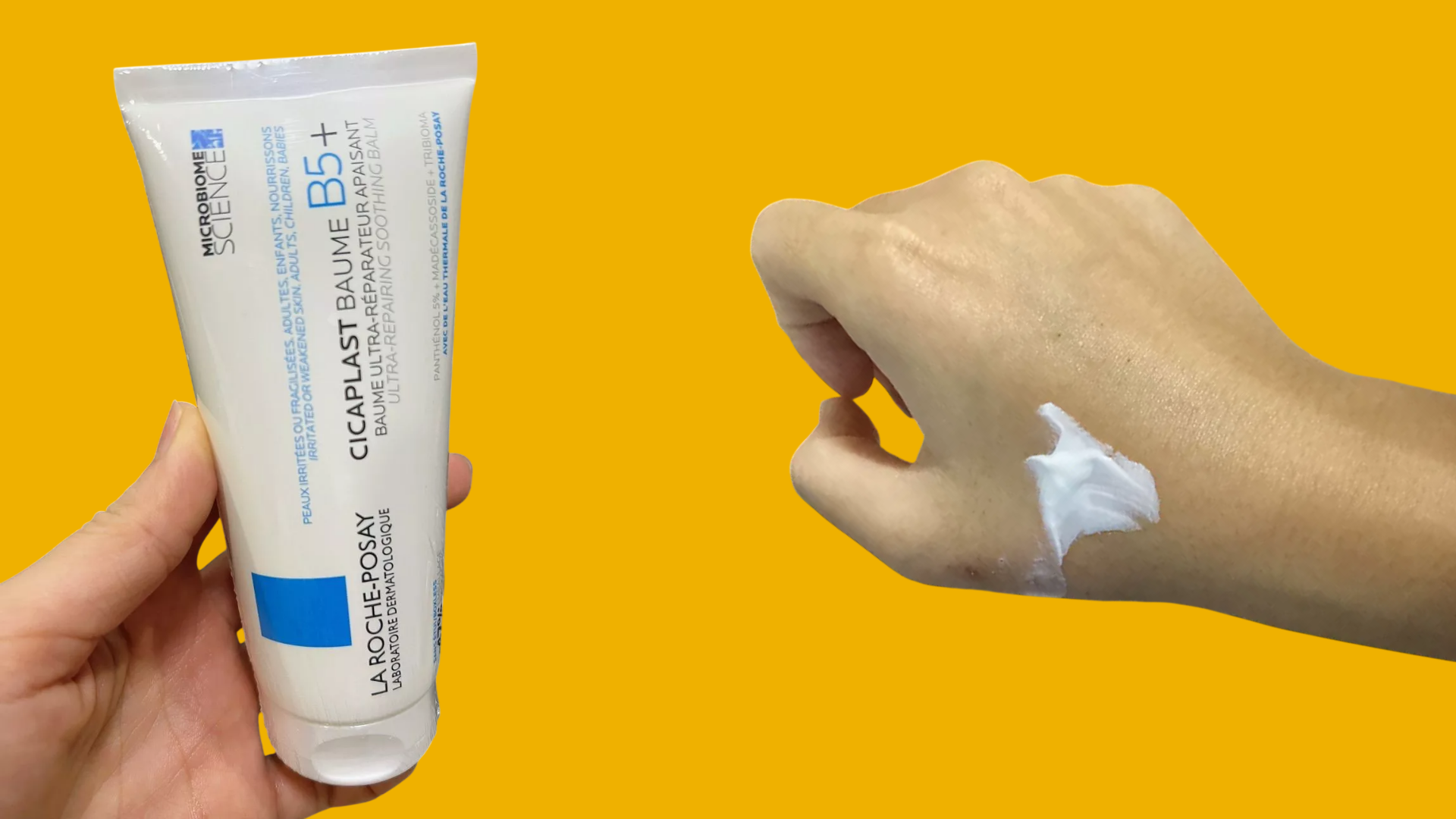 รูปซ้ายหลอด CICAPLAST BAUME B5+ บนมือ รูปขวาเนื้อครีมบนฝ่ามือผู้ใช้