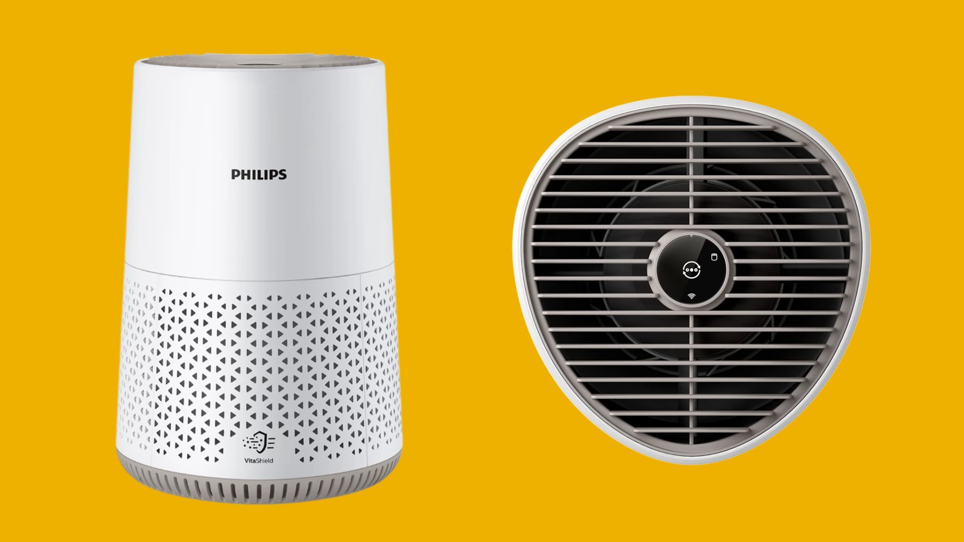 เครื่องฟอกอากาศ Philips AC0650/10 ด้านหน้า (รูปซ้าย) และด้านบน (รูปขวา)