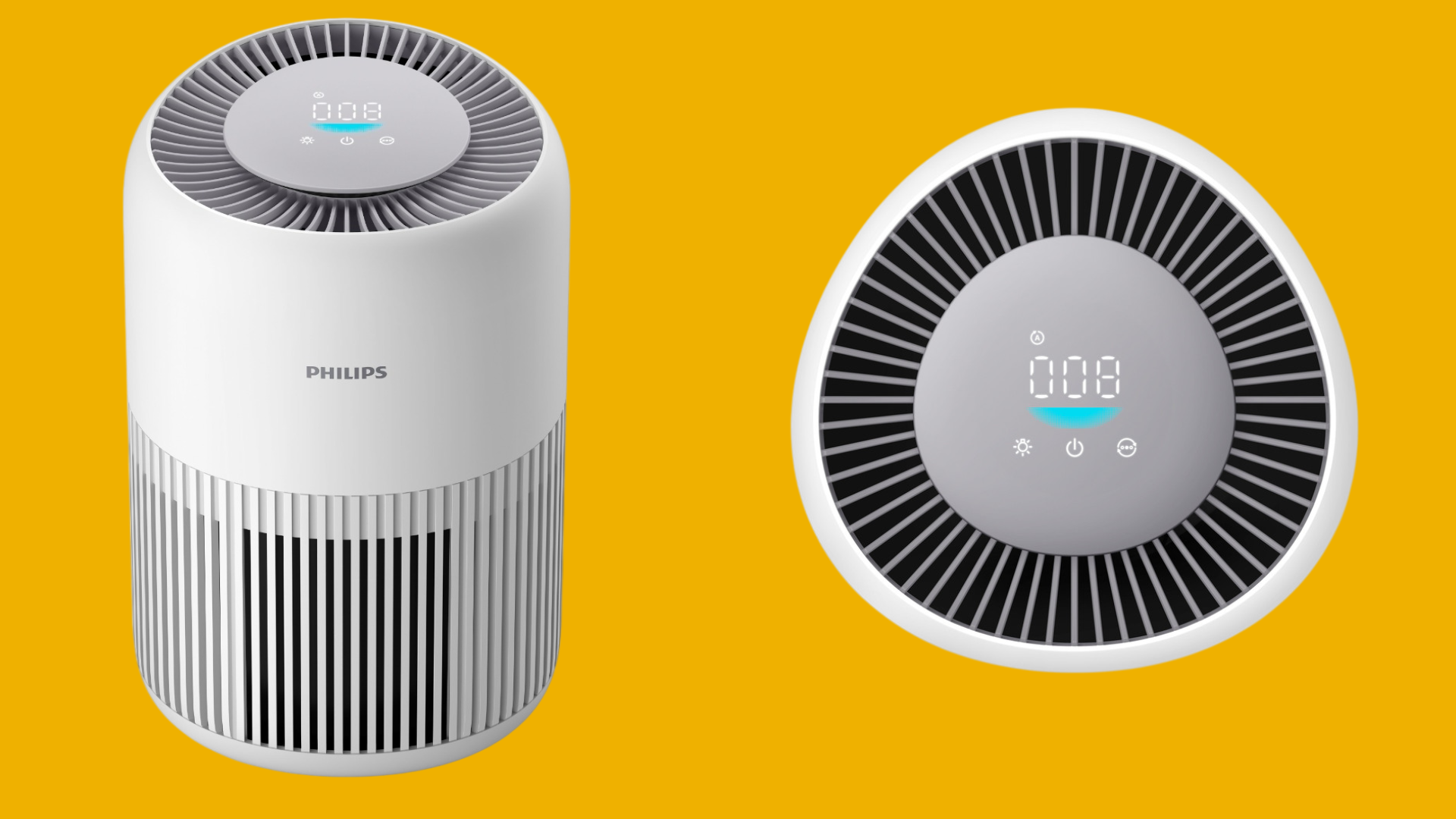 เครื่องฟอกอากาศ Philips AC0920/10 ด้านหน้า (รูปซ้าย) และด้านบน (รูปขวา)