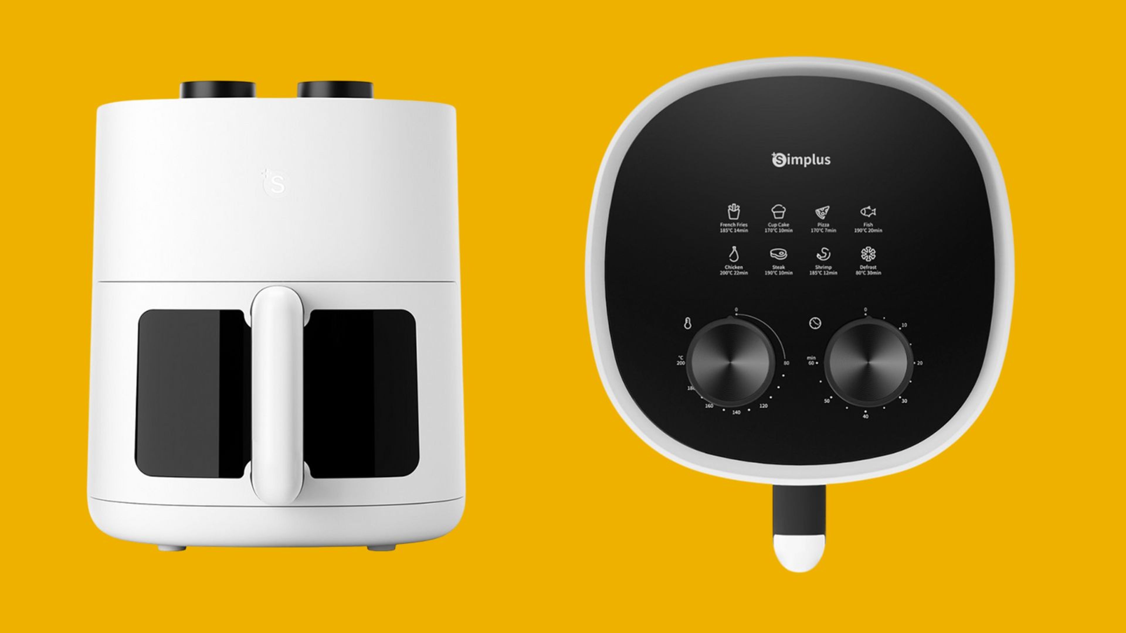 หม้อทอดไร้น้ำมัน Simplus Gen-S Series ด้านหน้า (รูปซ้าย) และด้านบน (รูปขวา)