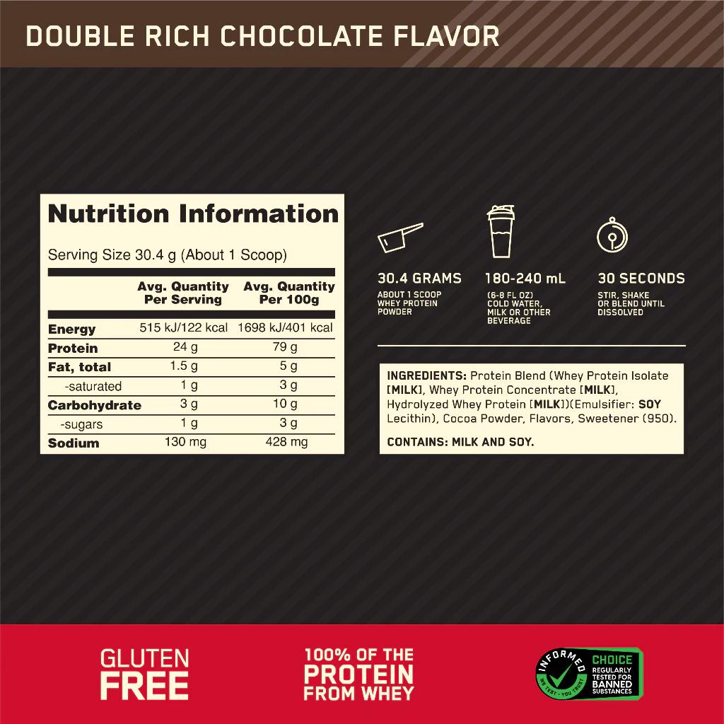 ข้อมูลโภชนาการ Optimum Nutrition Gold Standard Whey Protein รส Double Chocolate