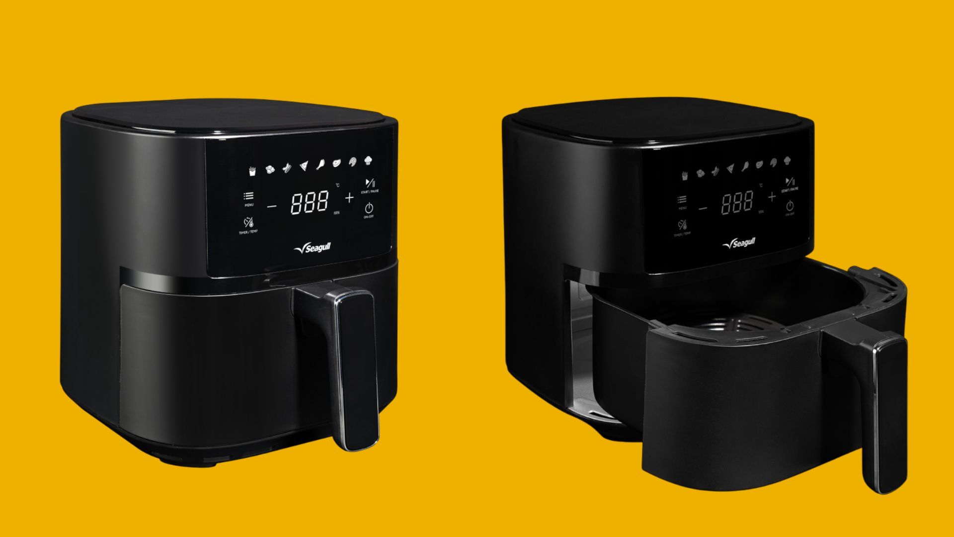 หม้อทอดไร้น้ำมัน Seagull ดิจิตอล 3.8 ลิตร ขณะปิดฝา (รูปซ้าย) และขณะเปิดฝา (รูปขวา)