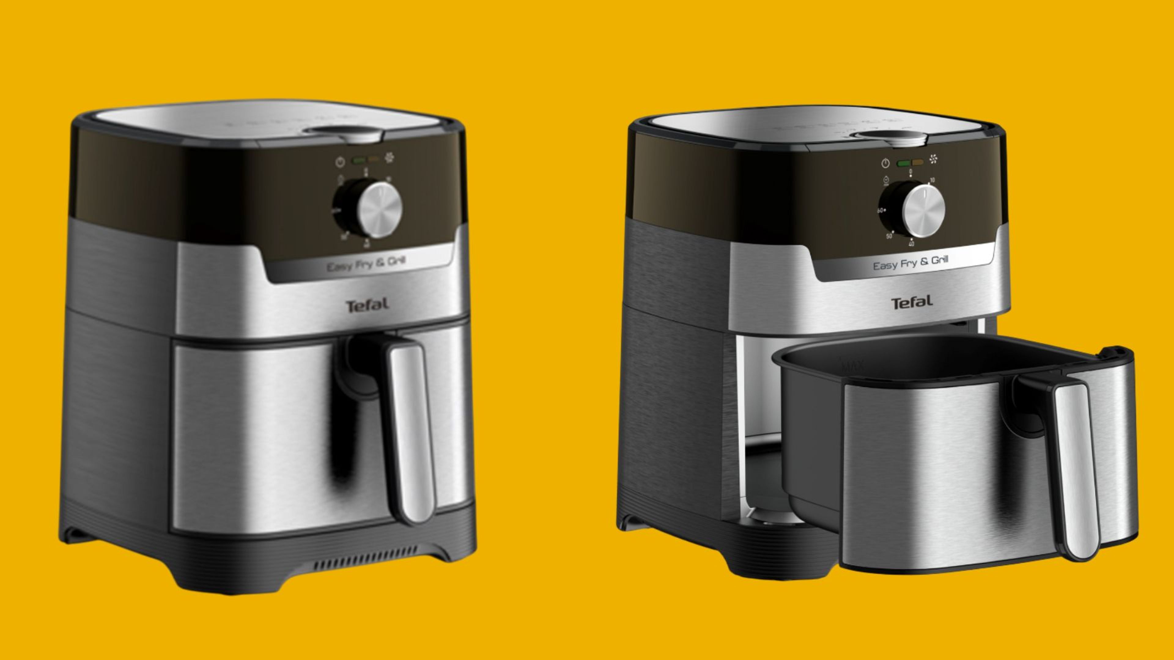 หม้อทอดไร้น้ำมัน Tefal (รูปซ้าย) และหม้อทอดไร้น้ำมัน Tefal ถอดตะกร้าใส่อาหาร (รูปขวา)