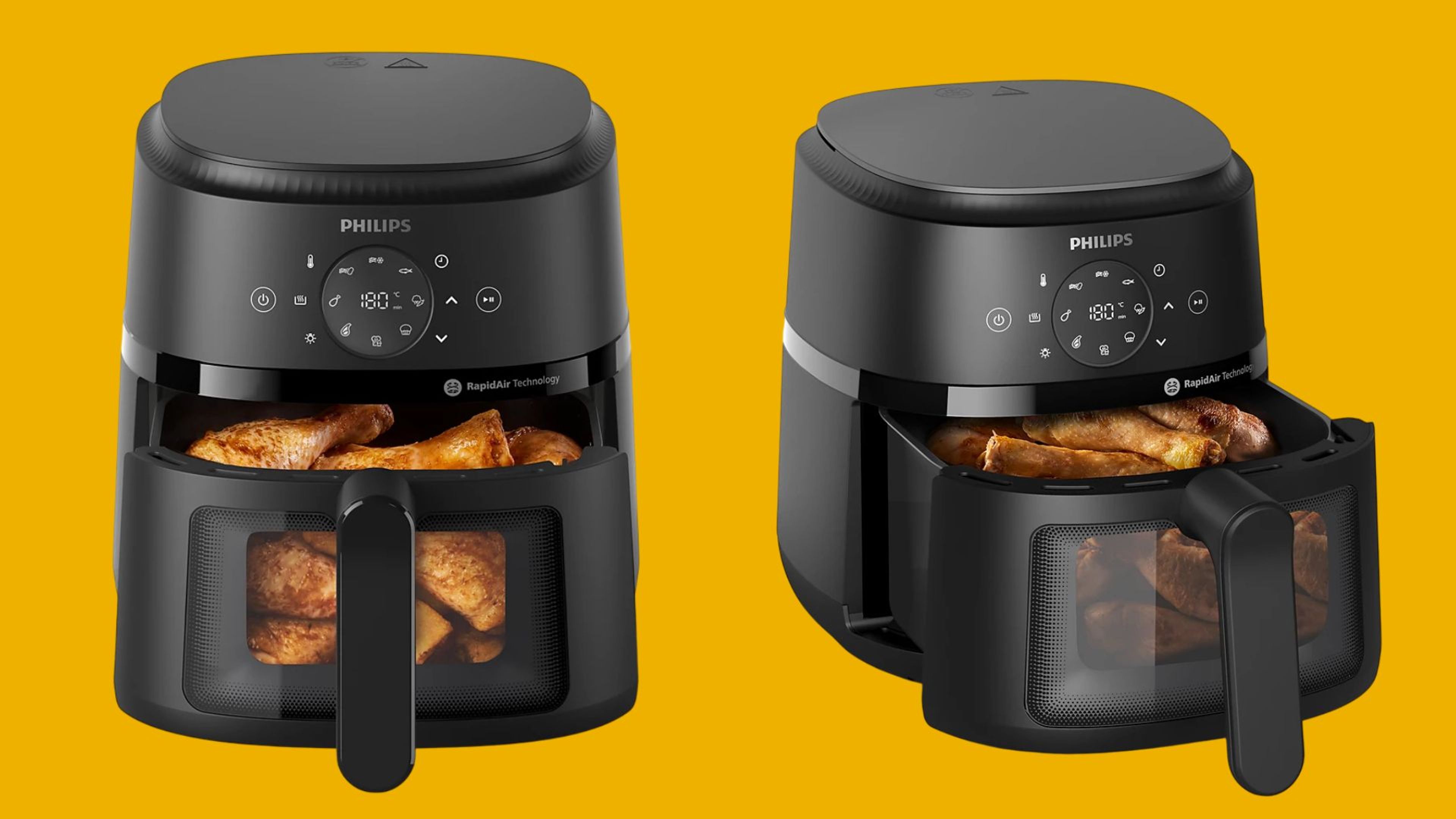 หม้อทอดไร้น้ำมัน Philips Air Fryer NA220 เปิดตะกร้าด้านหน้า (รูปซ้าย) และเปิดตะกร้าด้านข้าง (รูปขวา)