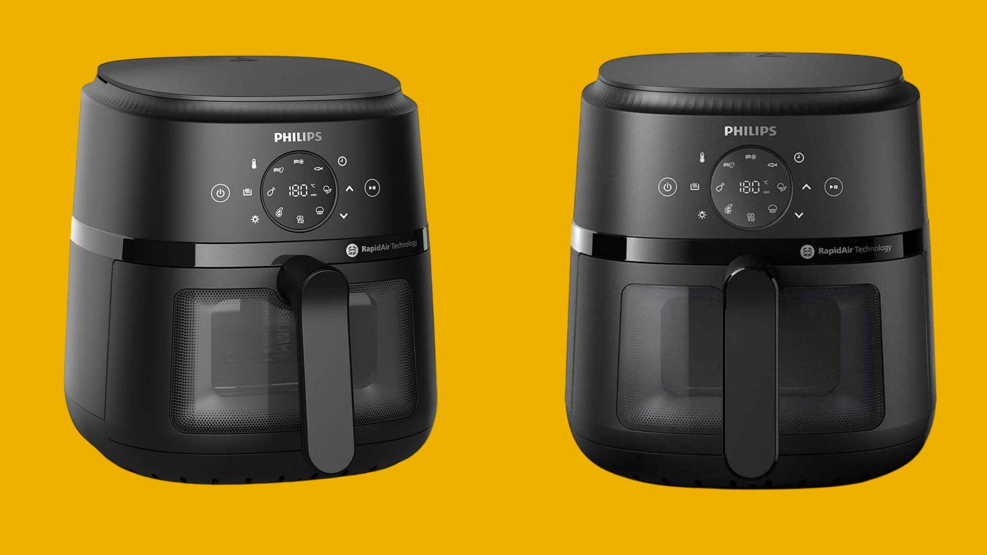 หม้อทอดไร้น้ำมัน Philips Air Fryer NA220 ด้านข้าง (รูปซ้าย) และด้านหน้า (รูปขวา)