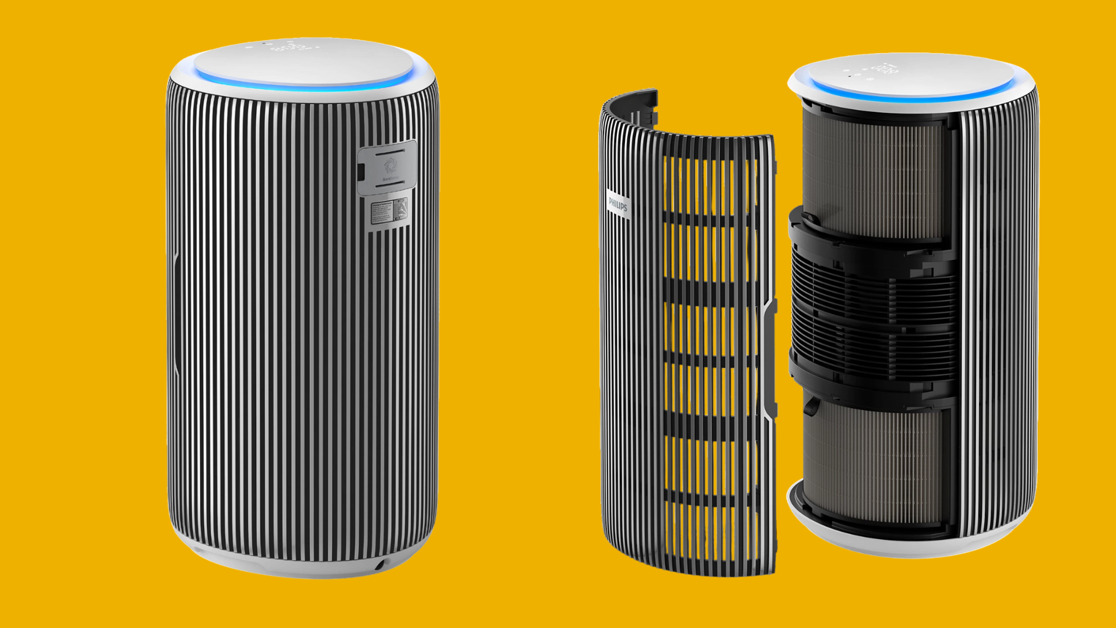 เครื่องฟอกอากาศ Philips AC3220/10 ด้านหลัง (รูปซ้าย) และภายใน (รูปขวา)