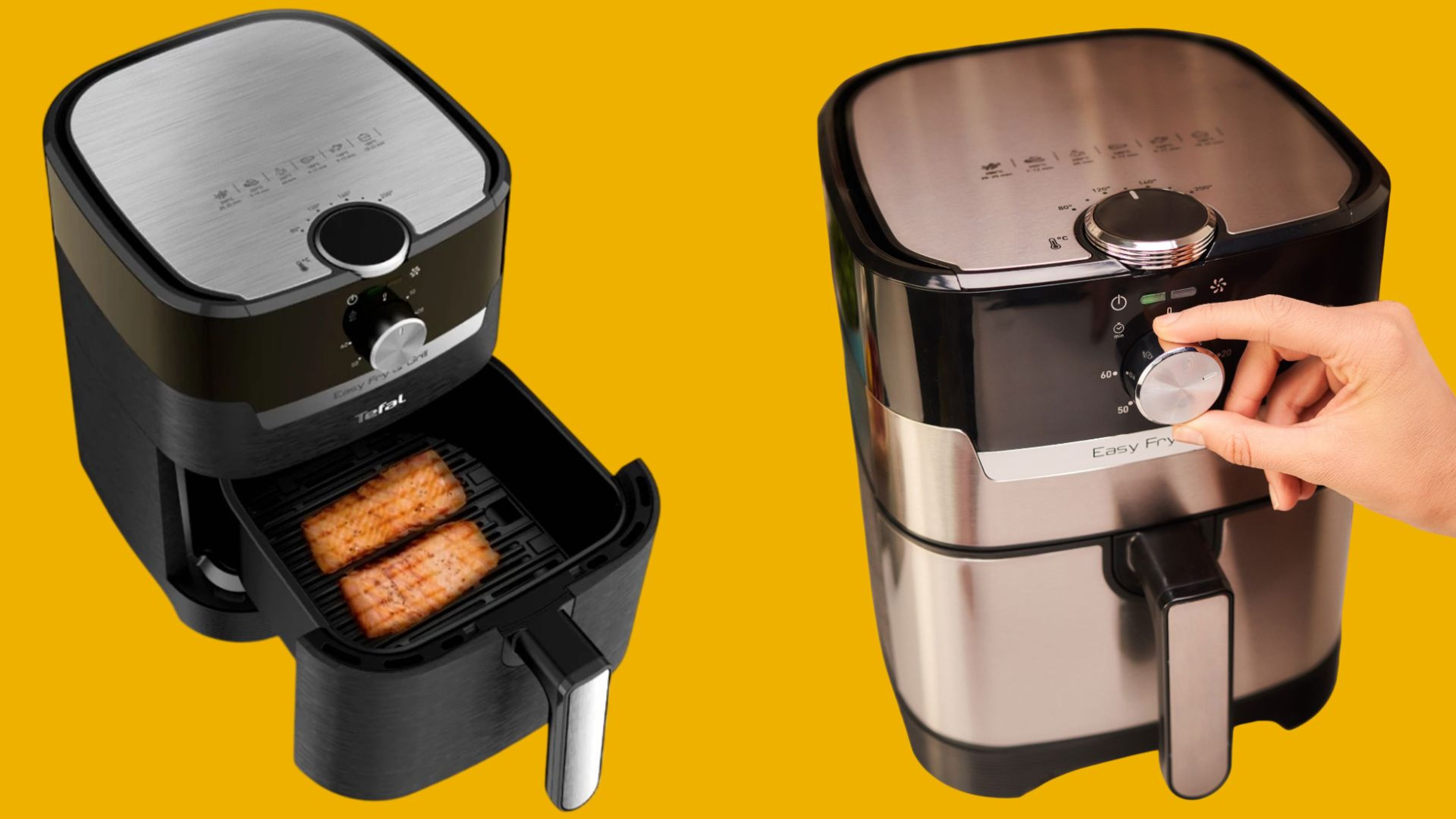 อาหารภายในหม้อทอดไร้น้ำมัน (รูปซ้าย) และการควบคุมหม้อทอดไร้น้ำมัน (รูปขวา)