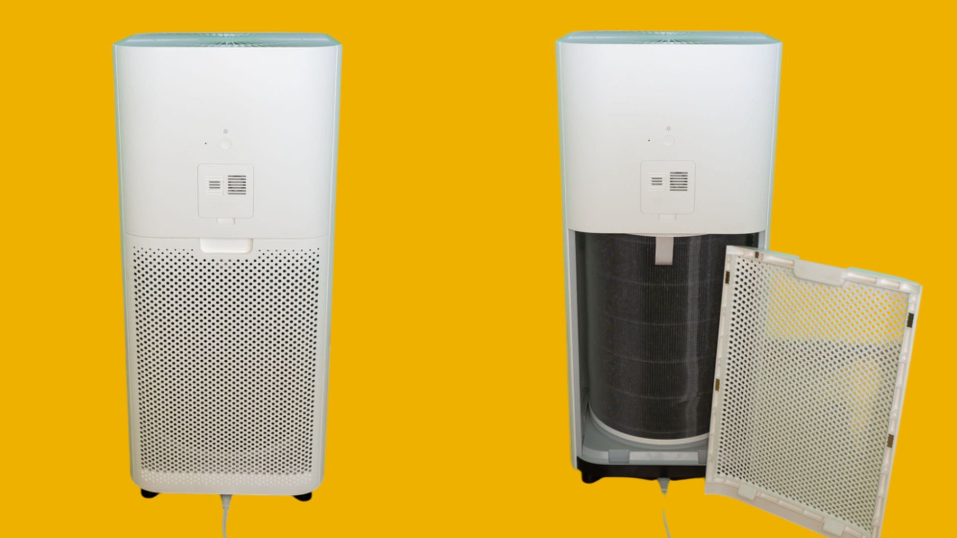 เครื่องฟอกอากาศ Xiaomi Smart Air Purifier 4 ด้านหลัง (รูปซ้าย) และเปิดฝาหลัง (รูปขวา)