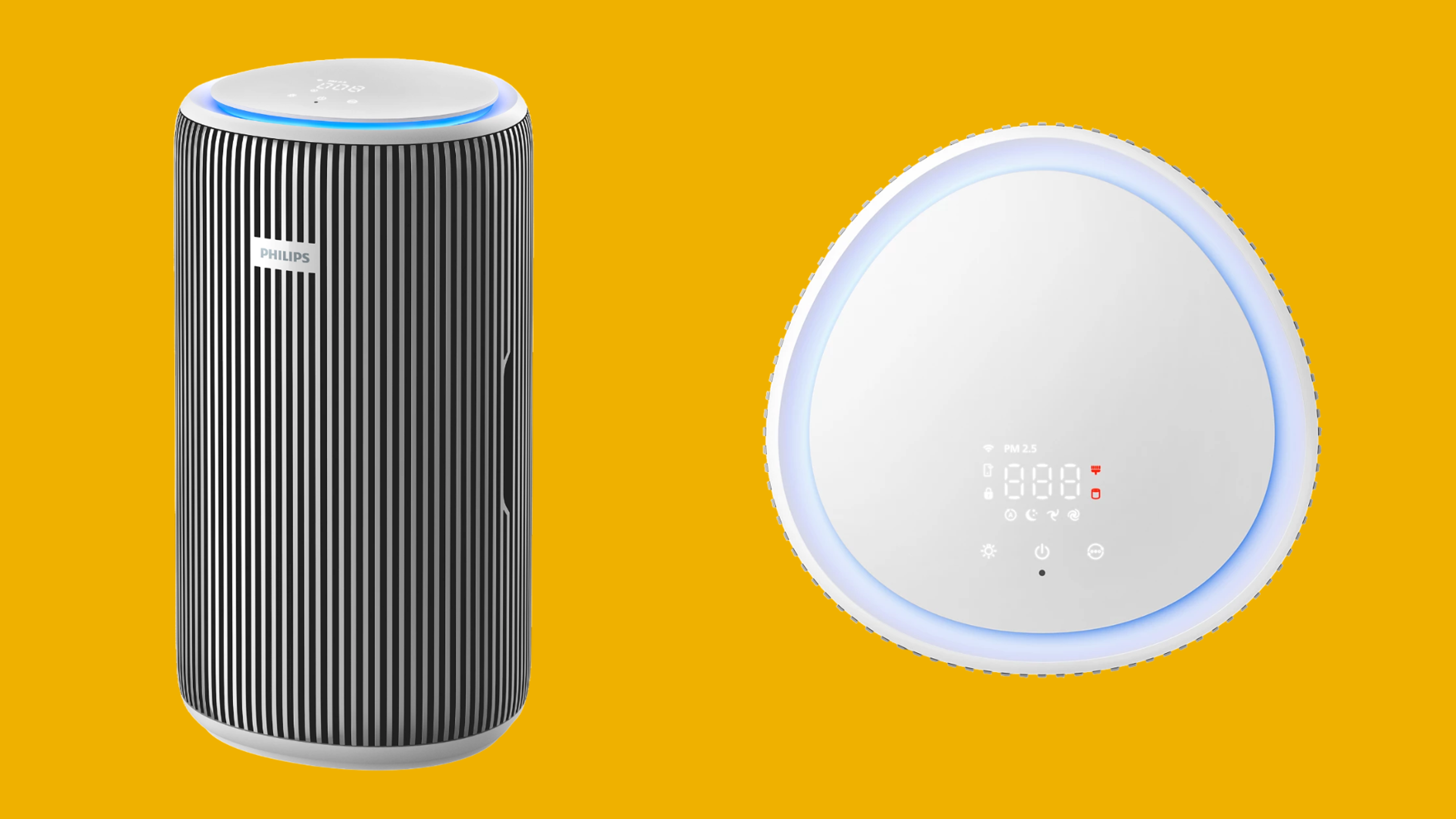 เครื่องฟอกอากาศ Philips AC3220/10 ด้านหน้า (รูปซ้าย) และด้านบน (รูปขวา)