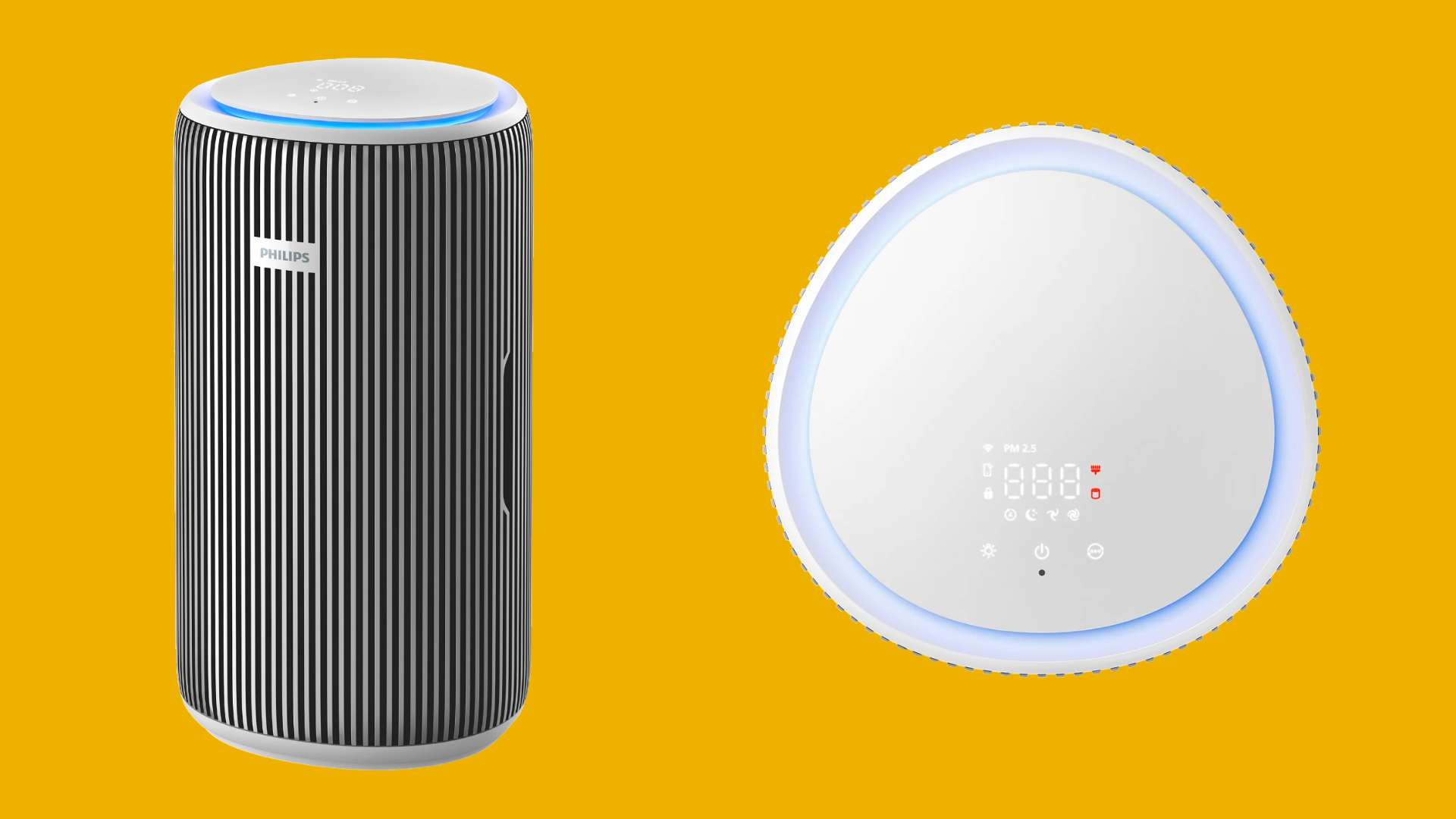 เครื่องฟอกอากาศ Philips AC3220/10 ด้านหน้า (รูปซ้าย) และด้านบน (รูปขวา)