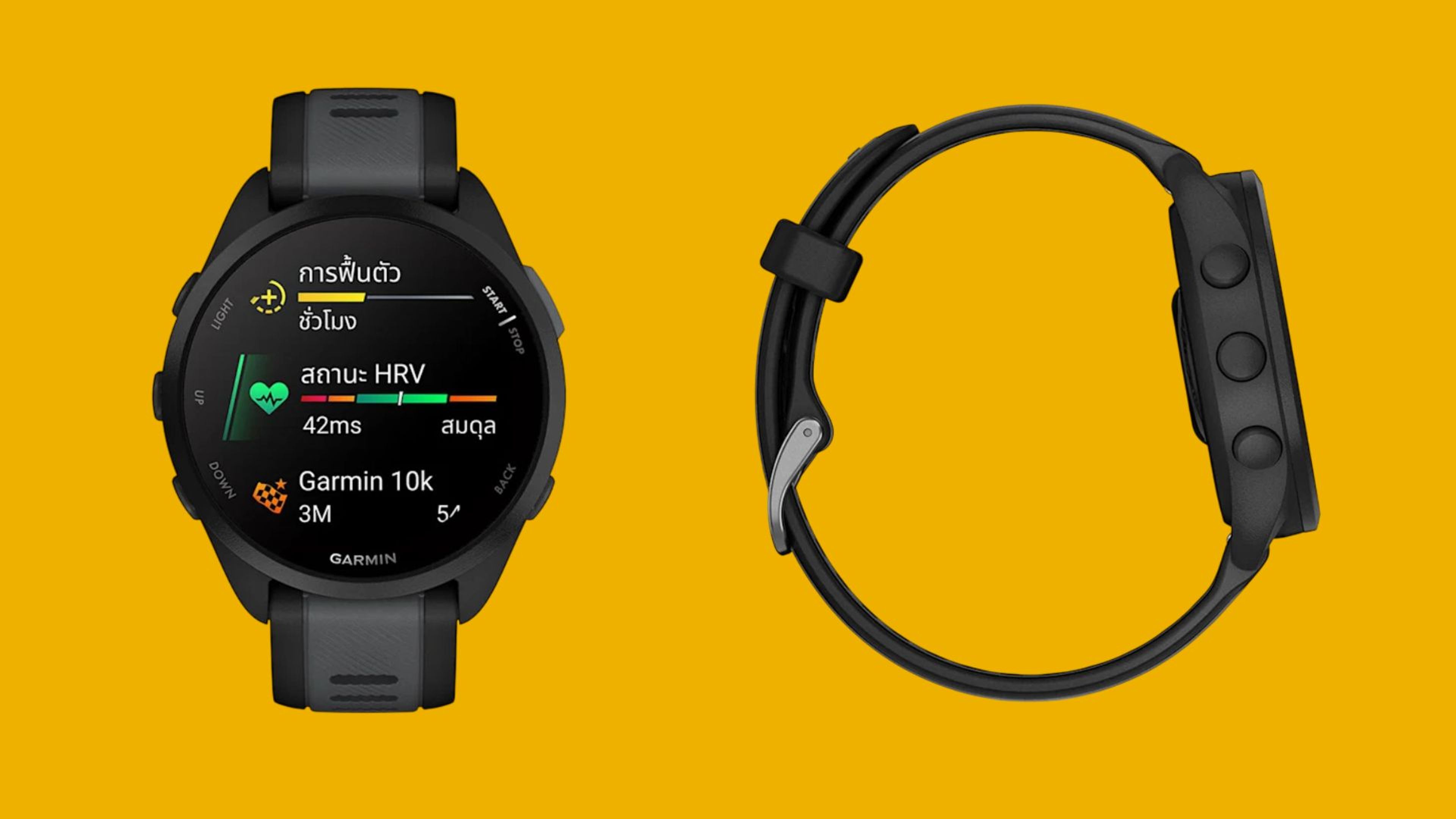 Garmin Forerunner 165 ด้านหน้า (รูปซ้าย) และด้านข้าง (รูปขวา)