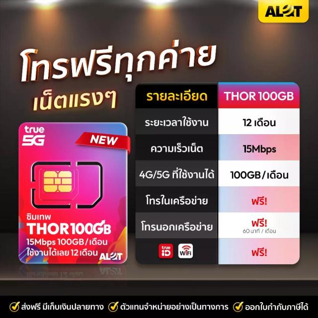 ซิมเน็ตทรู ซิมเทพ THOR 15Mbps 100GB/เดือน 1 ปี