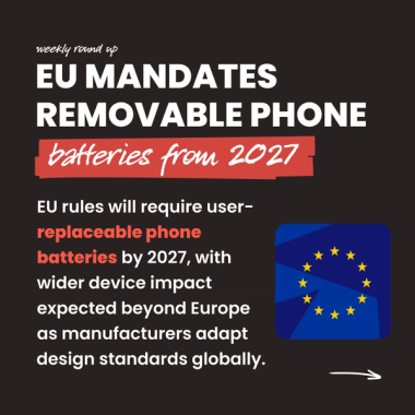 EU mandates removable phone batteries from 2027. EU rules will require user-replaceable phone batteries by 2027, with wider device impact expected beyond Europe as manufacturers adapt design standards globally. EU mandates removable phone batteries from 2027. EU rules will require user-replaceable phone batteries by 2027, with wider device impact expected beyond Europe as manufacturers adapt design standards globally.