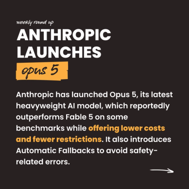 Anthropic launches opus 5. Anthropic has launched Opus 5, its latest heavyweight AI model, which reportedly outperforms Fable 5 on some benchmarks while offering lower costs and fewer restrictions. It also introduces Automatic Fallbacks to avoid safety-related errors.