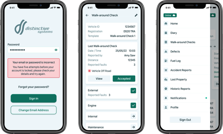A set of three smartphone screens displaying a fleet management app by Distinctive Systems, featuring a login screen with an incorrect password error, a walk-around vehicle check summary with reported faults, and a navigation menu with options for diary, defect reports, fuel logs, accident reports, and more. A set of three smartphone screens displaying a fleet management app by Distinctive Systems, featuring a login screen with an incorrect password error, a walk-around vehicle check summary with reported faults, and a navigation menu with options for diary, defect reports, fuel logs, accident reports, and more.