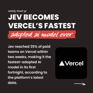 Jev Becomes Vercel’s Fastest adopted ai model ever. Jev reached 35% of paid teams on Vercel within two weeks, making it the fastest-adopted AI model in its first fortnight, according to the platform’s latest data. Jev Becomes Vercel’s Fastest adopted ai model ever. Jev reached 35% of paid teams on Vercel within two weeks, making it the fastest-adopted AI model in its first fortnight, according to the platform’s latest data.