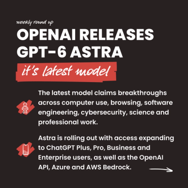 OpenAI releases GPT-6 Astra it’s latest model. The latest model claims breakthroughs across computer use, browsing, software engineering, cybersecurity, science and professional work. Astra is rolling out with access expanding to ChatGPT Plus, Pro, Business and Enterprise users, as well as the OpenAI API, Azure and AWS Bedrock. OpenAI releases GPT-6 Astra it’s latest model. The latest model claims breakthroughs across computer use, browsing, software engineering, cybersecurity, science and professional work. Astra is rolling out with access expanding to ChatGPT Plus, Pro, Business and Enterprise users, as well as the OpenAI API, Azure and AWS Bedrock.