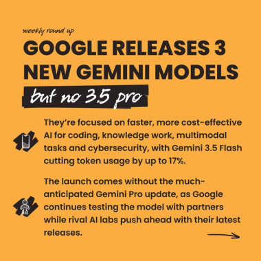 Google releases 3 new Gemini models but no 3.5 pro.They’re focused on faster, more cost-effective AI for coding, knowledge work, multimodal tasks and cybersecurity, with Gemini 3.5 Flash cutting token usage by up to 17%. The launch comes without the much-anticipated Gemini Pro update, as Google continues testing the model with partners while rival AI labs push ahead with their latest releases. Google releases 3 new Gemini models but no 3.5 pro.They’re focused on faster, more cost-effective AI for coding, knowledge work, multimodal tasks and cybersecurity, with Gemini 3.5 Flash cutting token usage by up to 17%. The launch comes without the much-anticipated Gemini Pro update, as Google continues testing the model with partners while rival AI labs push ahead with their latest releases.