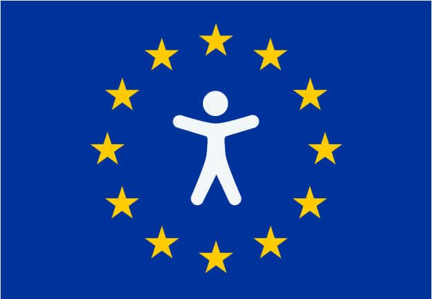 A blue background with a white accessibility symbol (a simplified human figure with arms and legs outstretched) surrounded by a circle of twelve yellow stars, resembling the flag of the European Union.