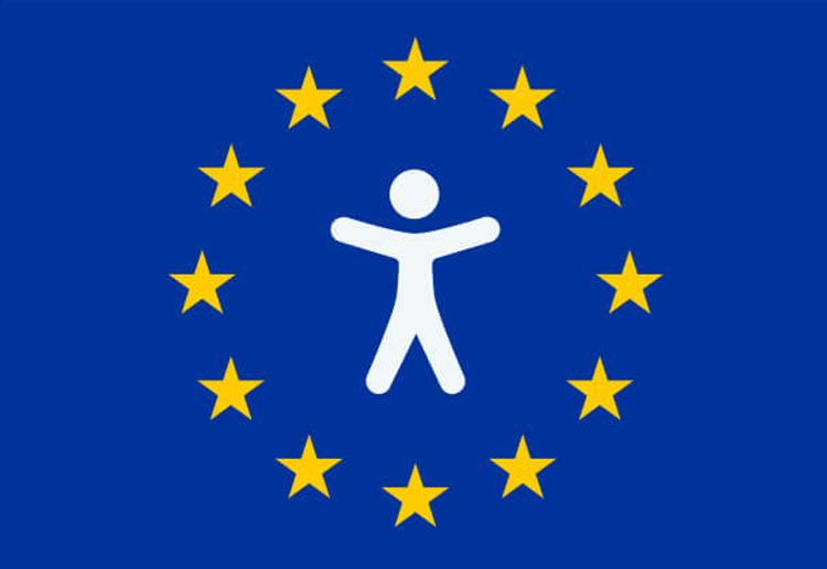 A blue background with a white accessibility symbol (a simplified human figure with arms and legs outstretched) surrounded by a circle of twelve yellow stars, resembling the flag of the European Union.