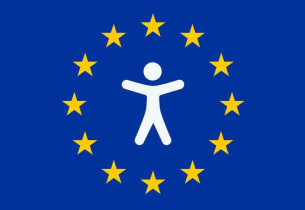 A blue background with a white accessibility symbol (a simplified human figure with arms and legs outstretched) surrounded by a circle of twelve yellow stars, resembling the flag of the European Union. A blue background with a white accessibility symbol (a simplified human figure with arms and legs outstretched) surrounded by a circle of twelve yellow stars, resembling the flag of the European Union.