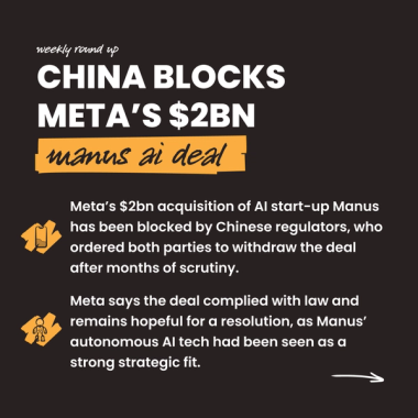 China blocks Meta’s $2bn manus ai deal. Meta’s $2bn acquisition of AI start-up Manus has been blocked by Chinese regulators, who ordered both parties to withdraw the deal after months of scrutiny. Meta says the deal complied with law and remains hopeful for a resolution, as Manus’ autonomous AI tech had been seen as a strong strategic fit.