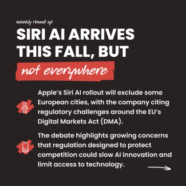Siri AI Arrives This Fall, But not everywhere. Apple’s Siri AI rollout will exclude some European cities, with the company citing regulatory challenges around the EU’s Digital Markets Act (DMA). The debate highlights growing concerns that regulation designed to protect competition could slow AI innovation and limit access to technology.