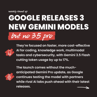 Google releases 3 new Gemini models but no 3.5 pro.They’re focused on faster, more cost-effective AI for coding, knowledge work, multimodal tasks and cybersecurity, with Gemini 3.5 Flash cutting token usage by up to 17%. The launch comes without the much-anticipated Gemini Pro update, as Google continues testing the model with partners while rival AI labs push ahead with their latest releases. Google releases 3 new Gemini models but no 3.5 pro.They’re focused on faster, more cost-effective AI for coding, knowledge work, multimodal tasks and cybersecurity, with Gemini 3.5 Flash cutting token usage by up to 17%. The launch comes without the much-anticipated Gemini Pro update, as Google continues testing the model with partners while rival AI labs push ahead with their latest releases.