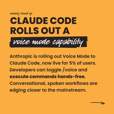 Claude Code rolls out a voice mode capability. Anthropic is rolling out Voice Mode to Claude Code, now live for 5% of users. Developers can toggle /voice and execute commands hands-free. Conversational, spoken workflows are edging closer to the mainstream. Claude Code rolls out a voice mode capability. Anthropic is rolling out Voice Mode to Claude Code, now live for 5% of users. Developers can toggle /voice and execute commands hands-free. Conversational, spoken workflows are edging closer to the mainstream.