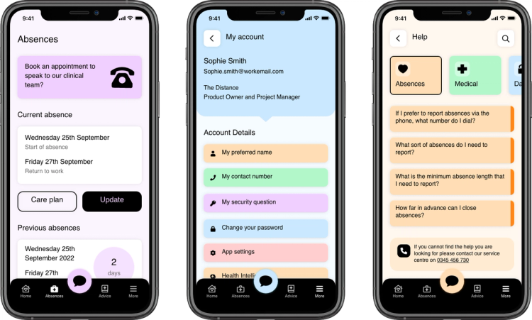 A set of three smartphone screens displaying a workplace absence management app with a clean, pastel-colored UI.