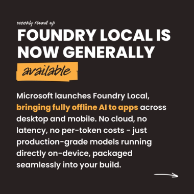 foundry local is now generally available. Microsoft launches Foundry Local, bringing fully offline AI to apps across desktop and mobile. No cloud, no latency, no per-token costs - just production-grade models running directly on-device, packaged seamlessly into your build.