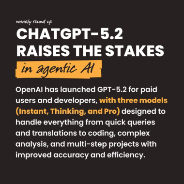 chatGPT-5.2 raises the stakes in agentic AI. OpenAI has launched GPT-5.2 for paid users and developers, with three models (Instant, Thinking, and Pro) designed to handle everything from quick queries and translations to coding, complex analysis, and multi-step projects with improved accuracy and efficiency.