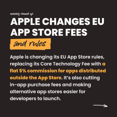 Apple Changes EU app store fees and rules. Apple is changing its EU App Store rules, replacing its Core Technology Fee with a flat 5% commission for apps distributed outside the App Store. It’s also cutting in-app purchase fees and making alternative app stores easier for developers to launch.